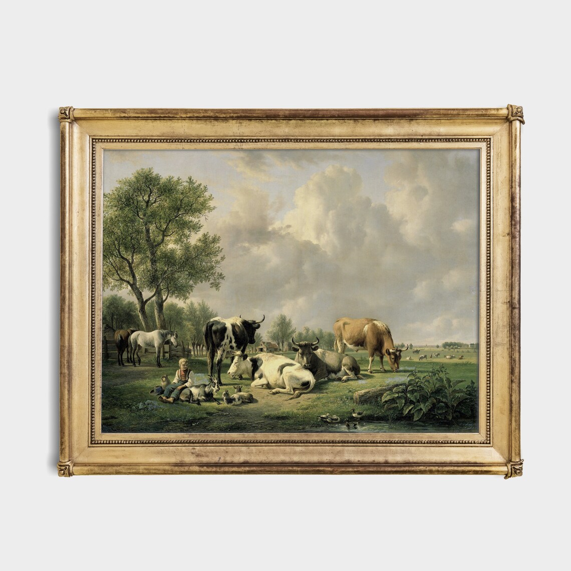 Animals in the Meadow Vintage Country Landscape Art Print - Image 4