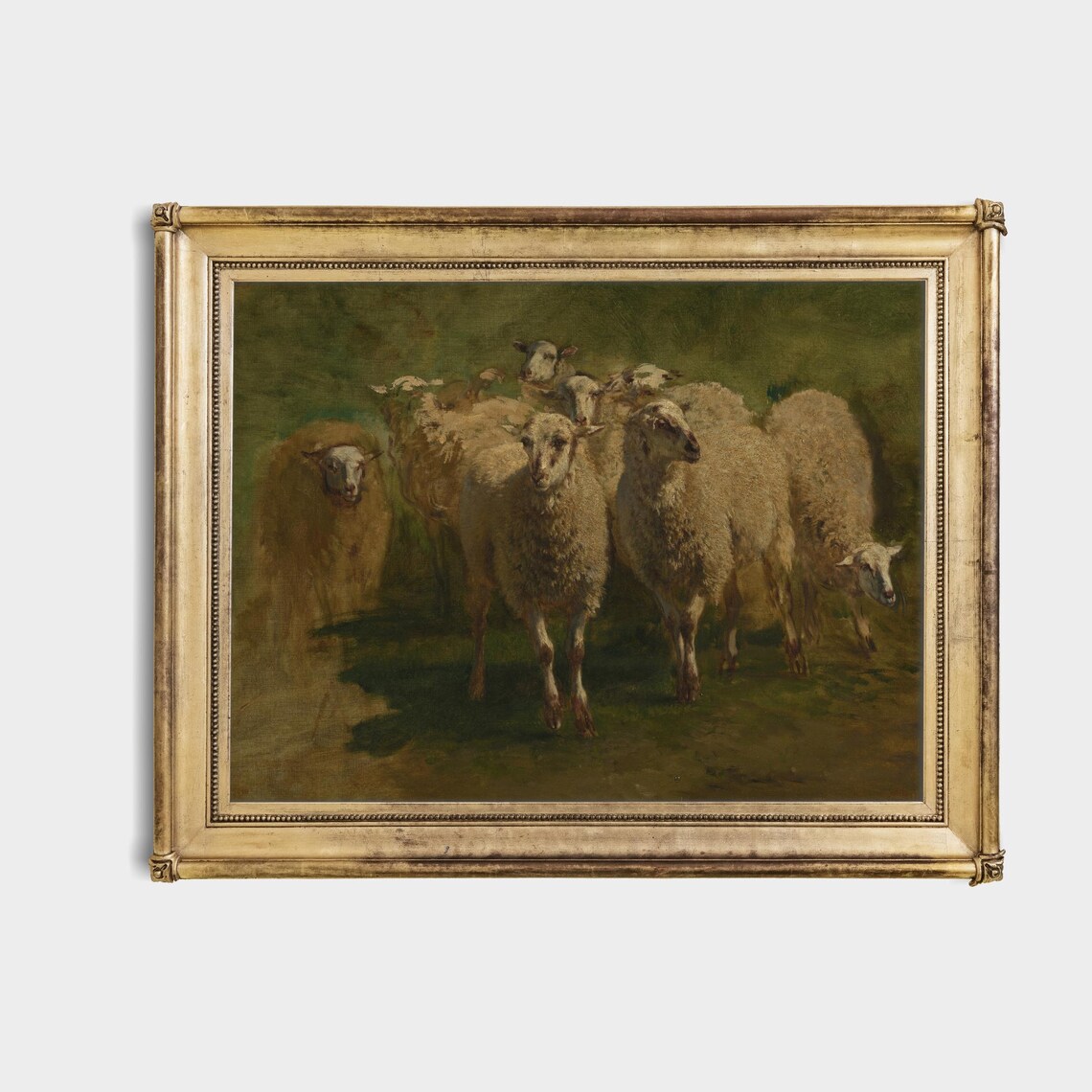 Flock of Sheep Moody Green Vintage Pastoral Oil Painting Poster - Image 4