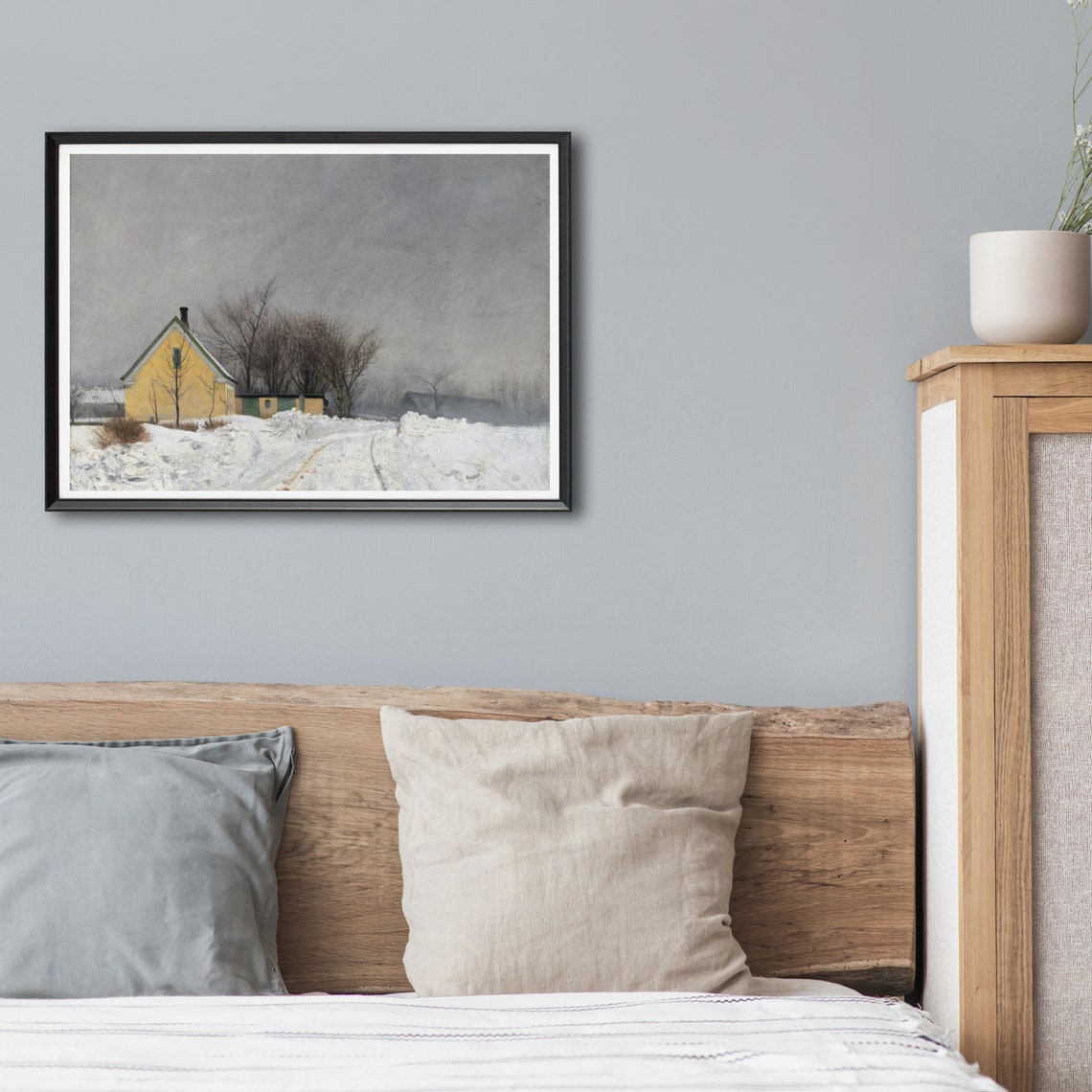 Vintage Wall Art Winter Landscape Snow Painting Foggy Cottage House Instant Antique Wall Art Farmhouse Christmas Decor - Image 2