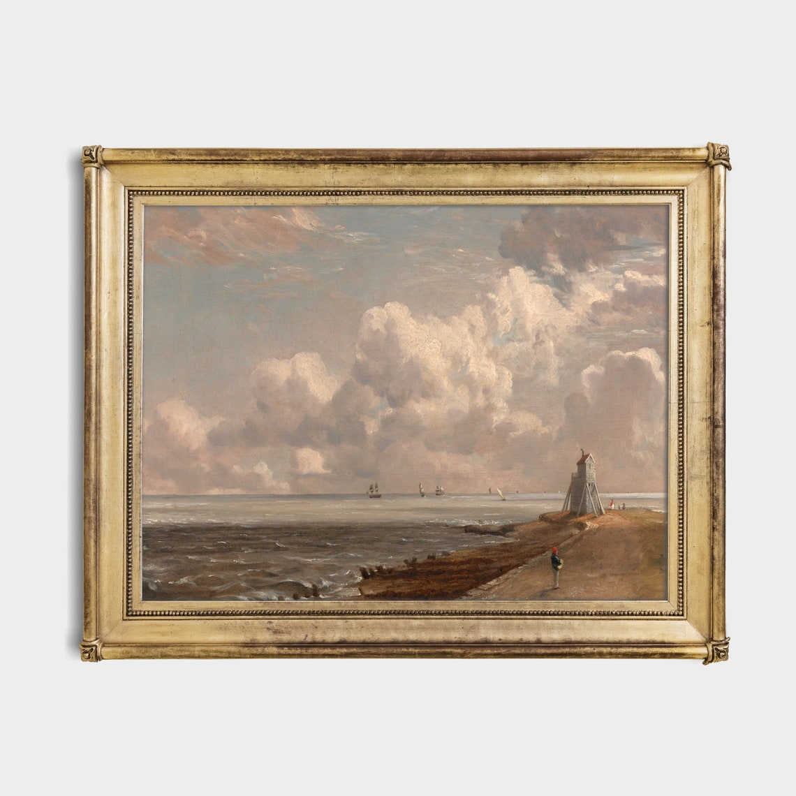 Vintage Coastal Scene With Watchtower and Ships at Sea Poster - Image 2