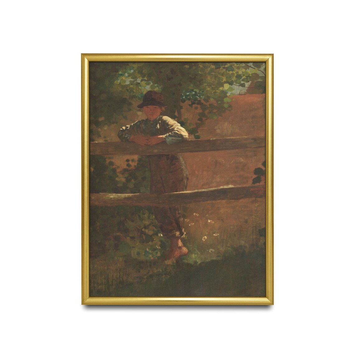 Barefoot Boy Leaning on a Weathered Wooden Fence Vintage Poster - Image 2