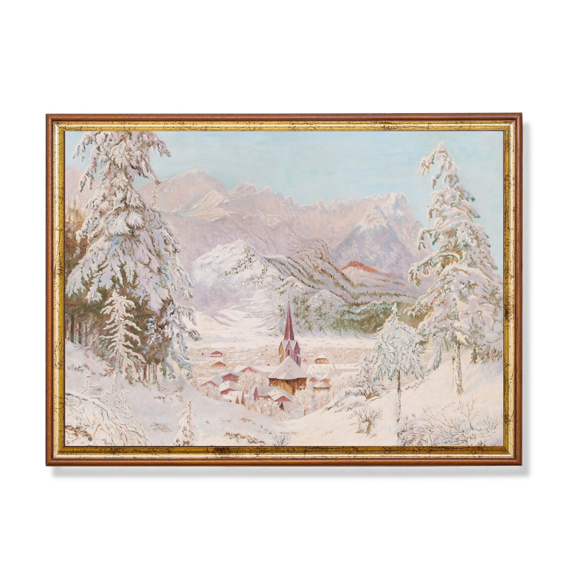 Snowy Alpine Village with a Church Steeple Winter Scene Poster