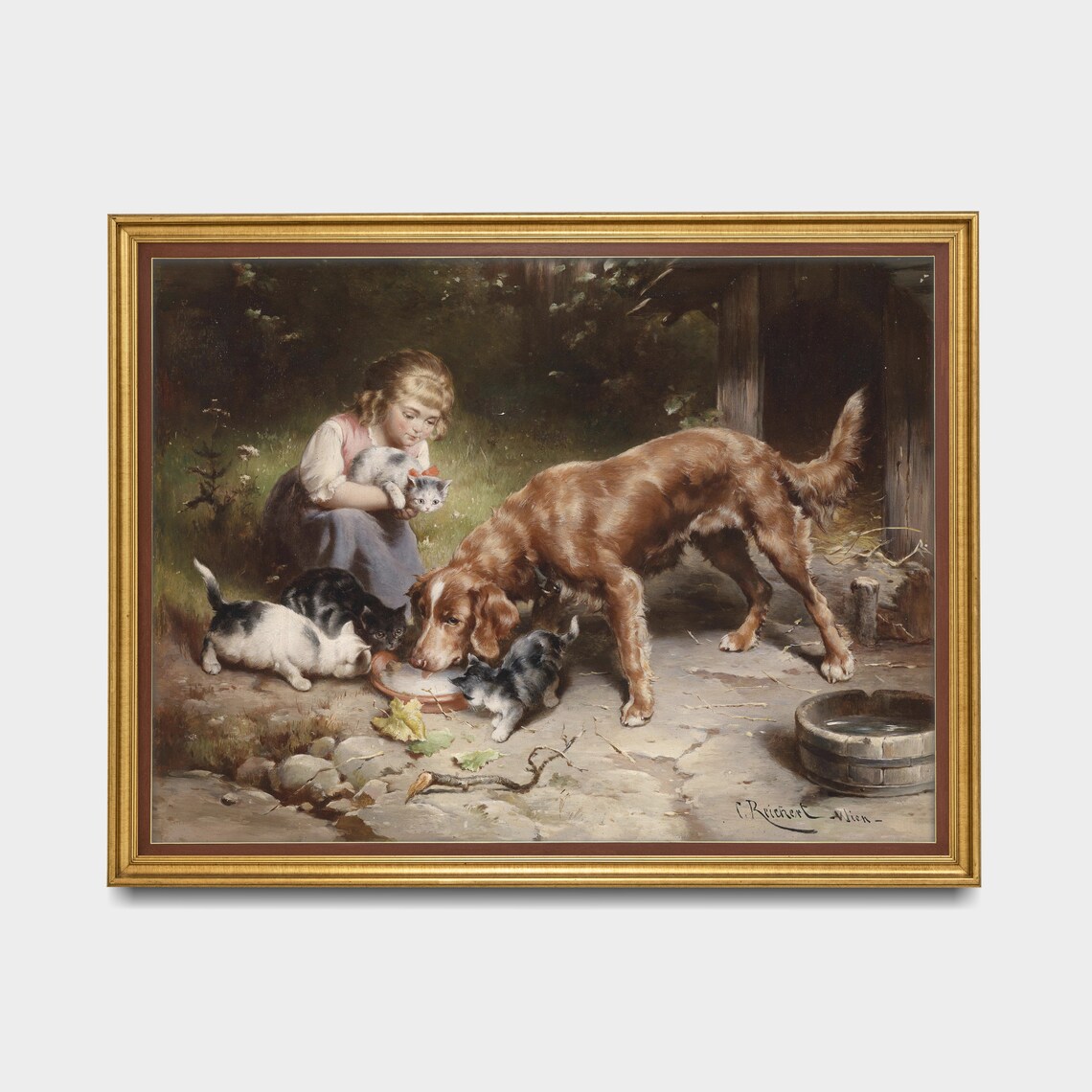 Little Girl with Dog and Kittens Sharing Milk Genre Painting Print - Image 5