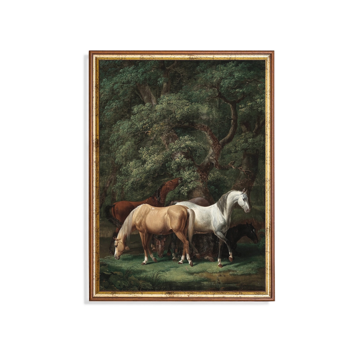 Antique Horses Grazing Beneath Ancient Trees Woodland Art Poster