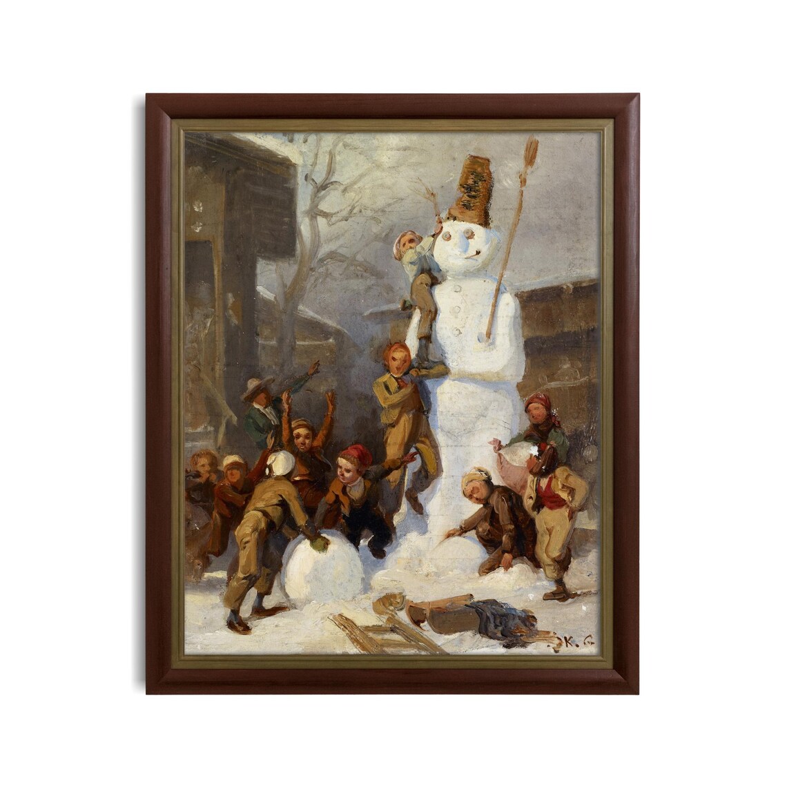 Children Building a Giant Snowman in a Village Vintage Winter Poster - Image 3