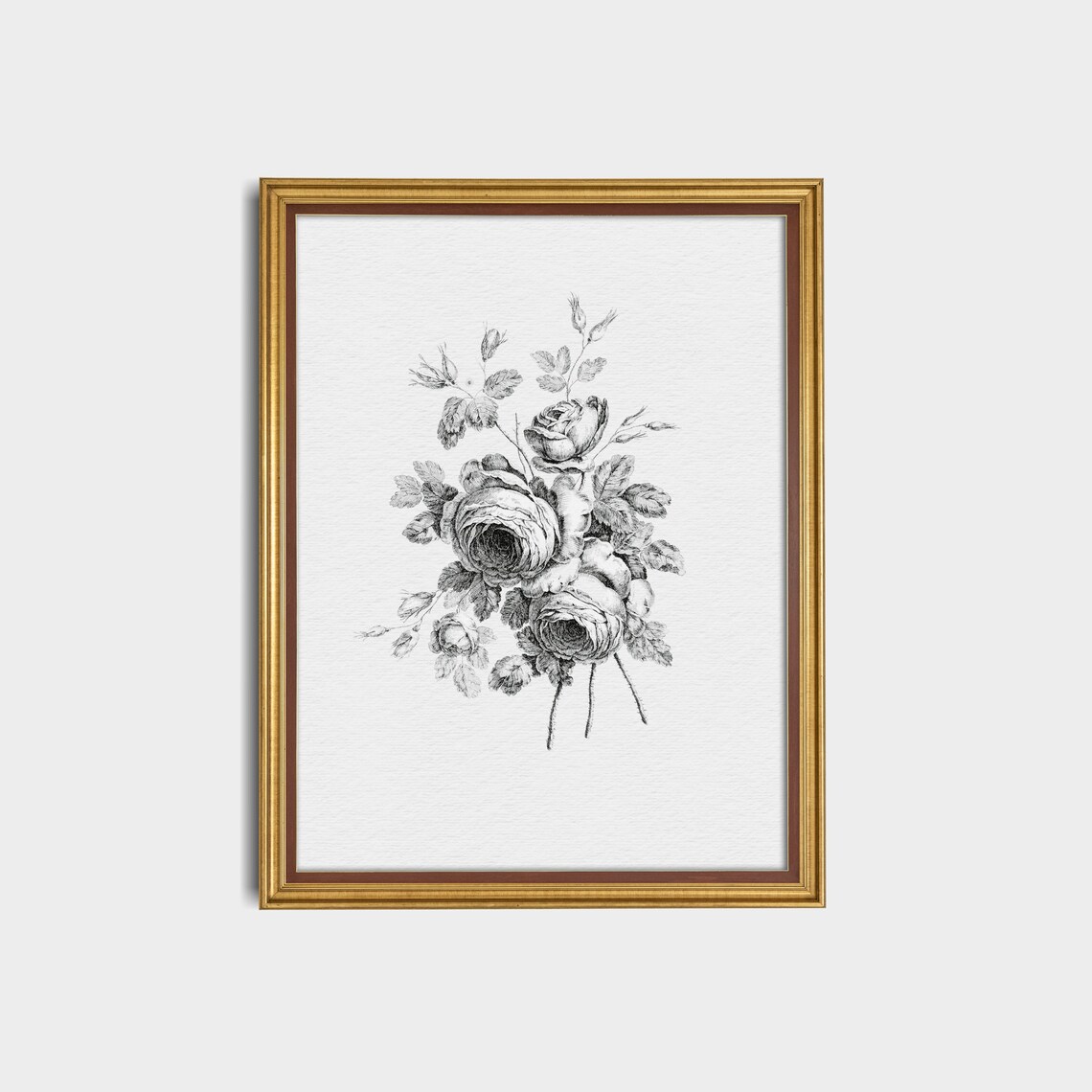 Antique Rose Bouquet Botanical Sketch Black and White Floral Poster - Image 2