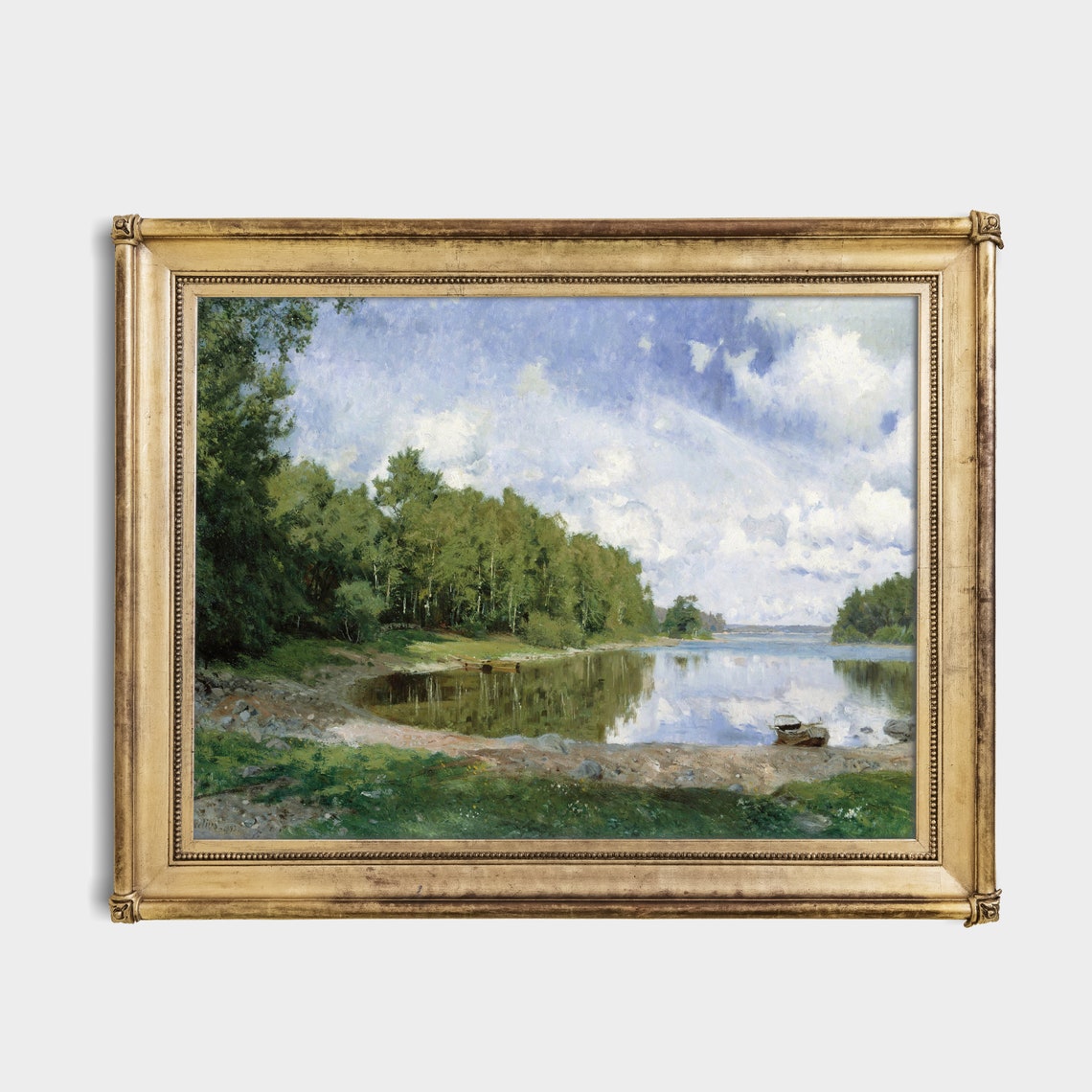 Serene Lake With Birch Trees and Rowboat Summer Landscape Poster - Image 2