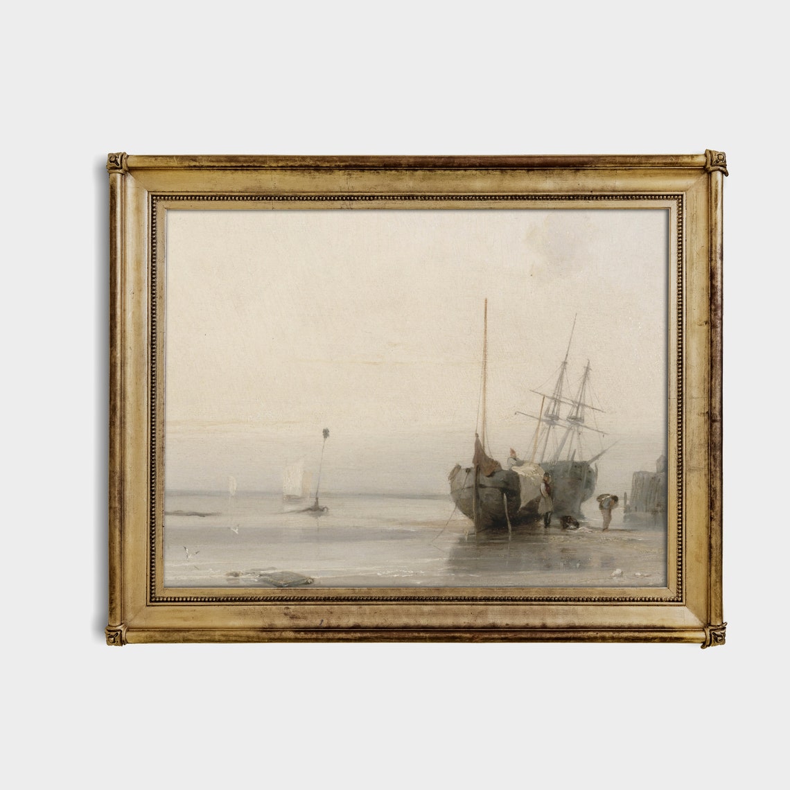 Beached Sailing Ships at a Misty Shoreline Antique Oil Poster - Image 3