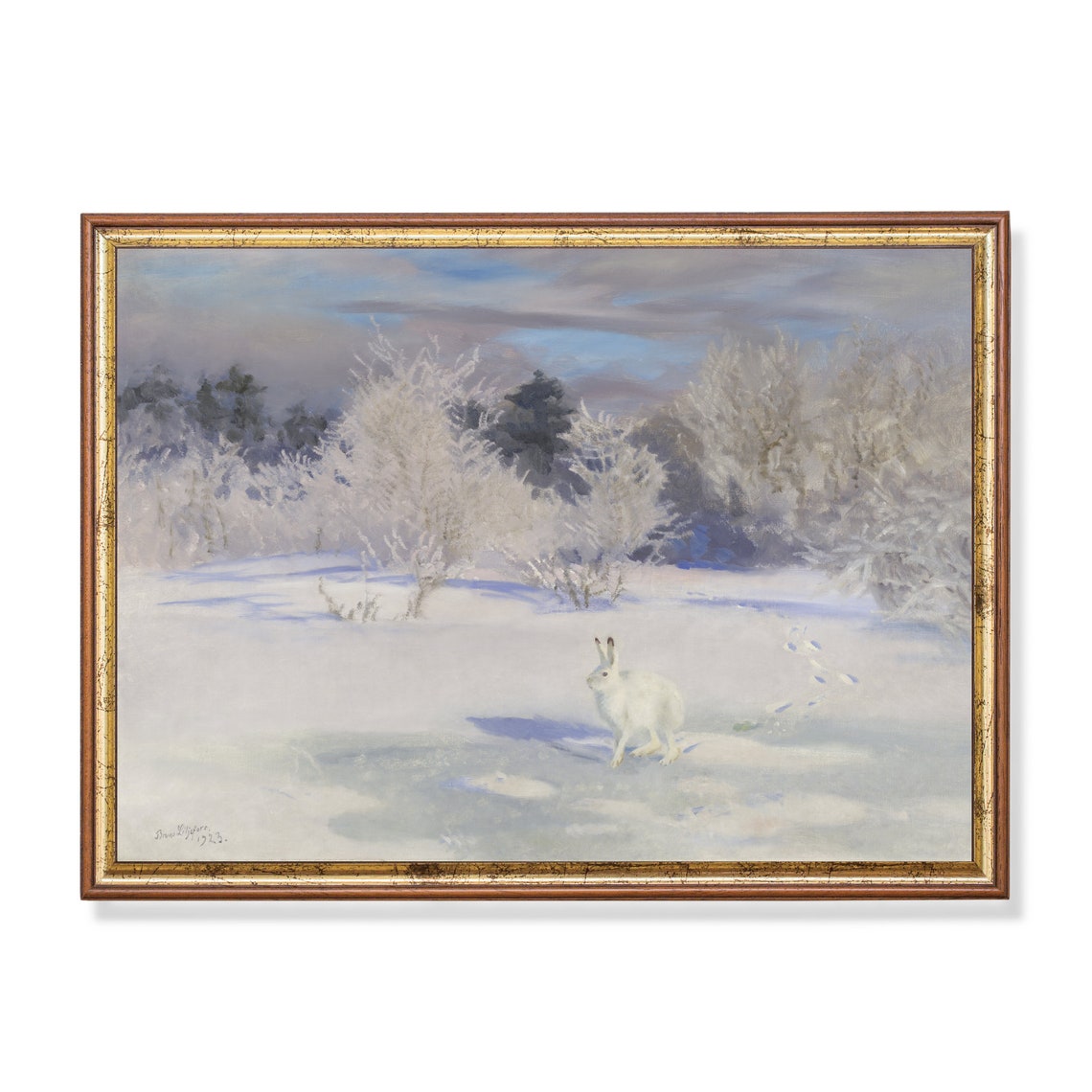White Hare Standing in a Snowy Landscape With Frosted Bushes Poster