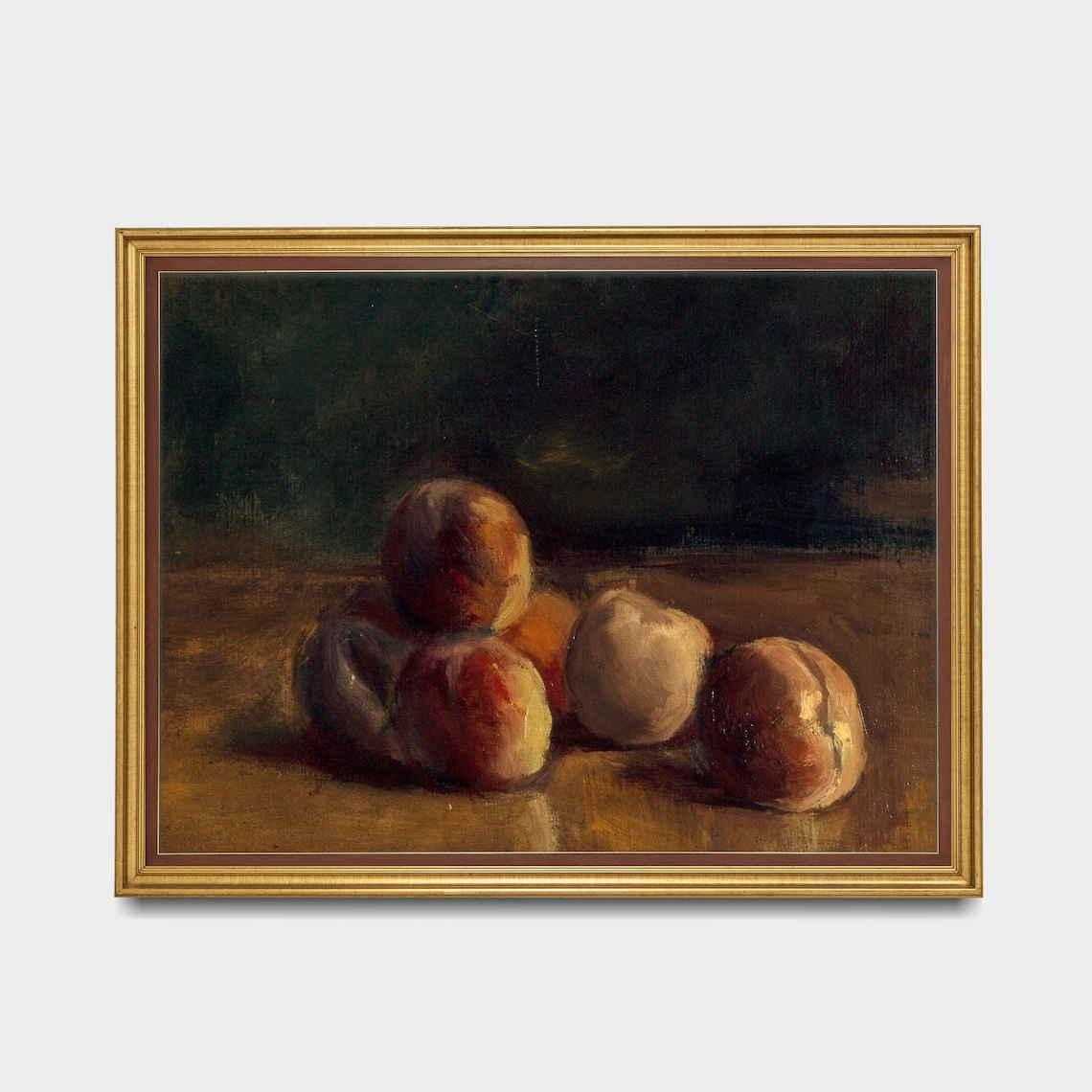 Moody Still Life with Five Peaches Antique Oil Painting Kitchen Poster - Image 2