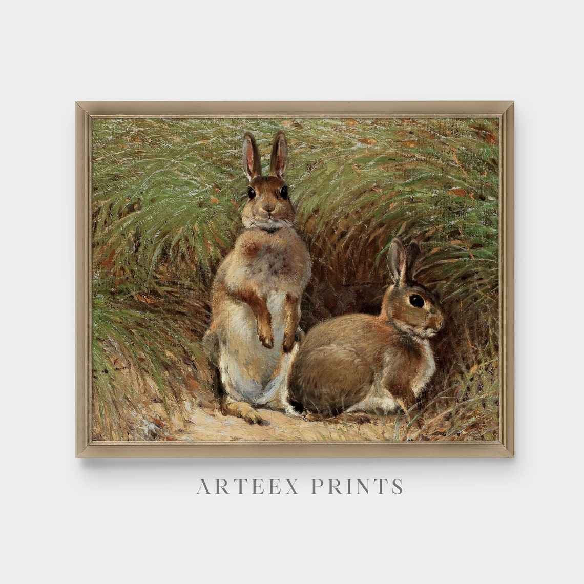 Two Rabbits by a Burrow in Tall Grass Antique Animal Art Poster - Image 5