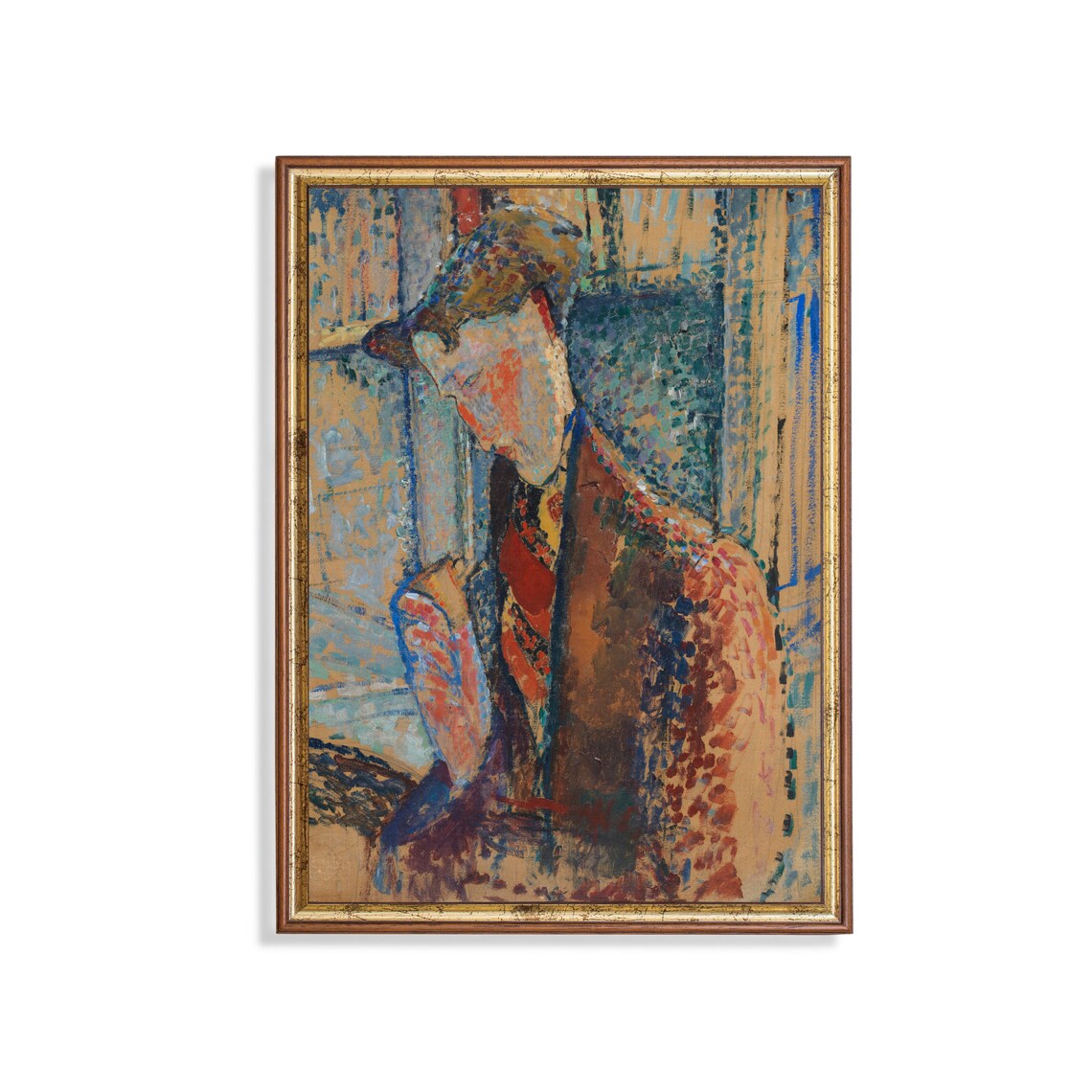 Pointillist Portrait of a Gentleman Wearing a Cap Vintage Poster