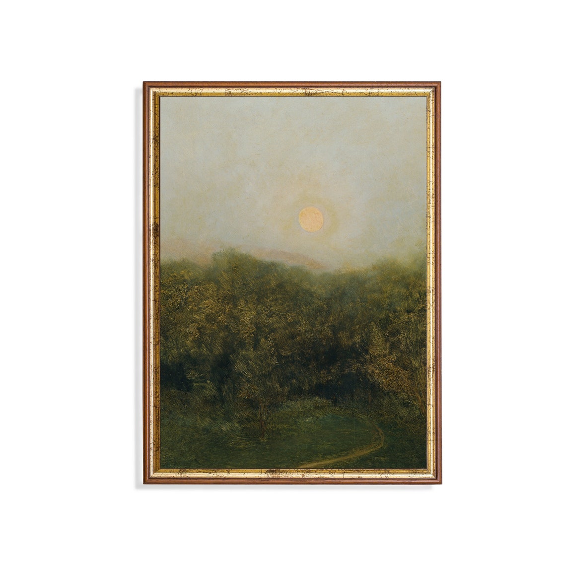 Vintage Moonrise Painting Antique Landscape Art Country Farmhouse Decor Moody Rustic Print Oil Painting Fine Art