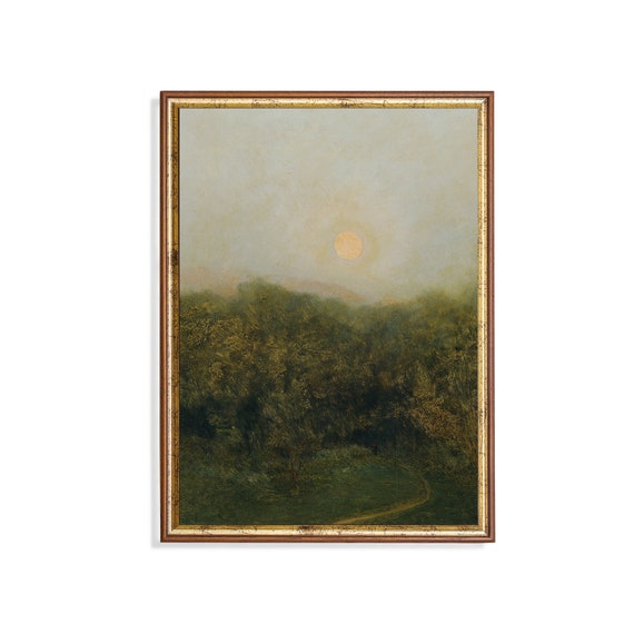 Vintage Moonrise Painting Antique Landscape Art Country Farmhouse Decor Moody Rustic Print Oil Painting Fine Art