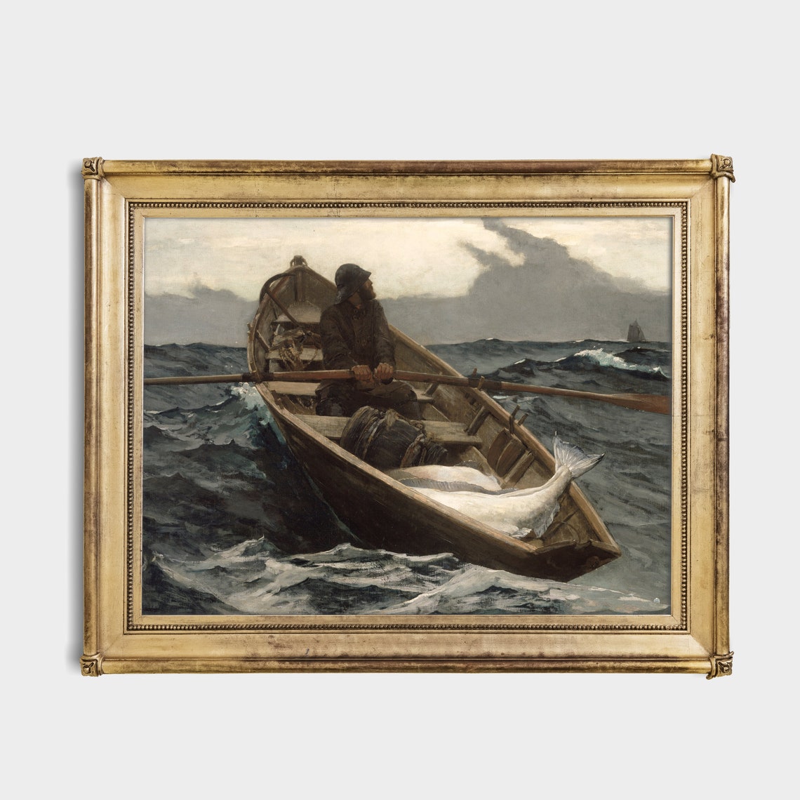 Fisherman Rowing a Small Boat Through Rough Seas With His Catch Poster - Image 2