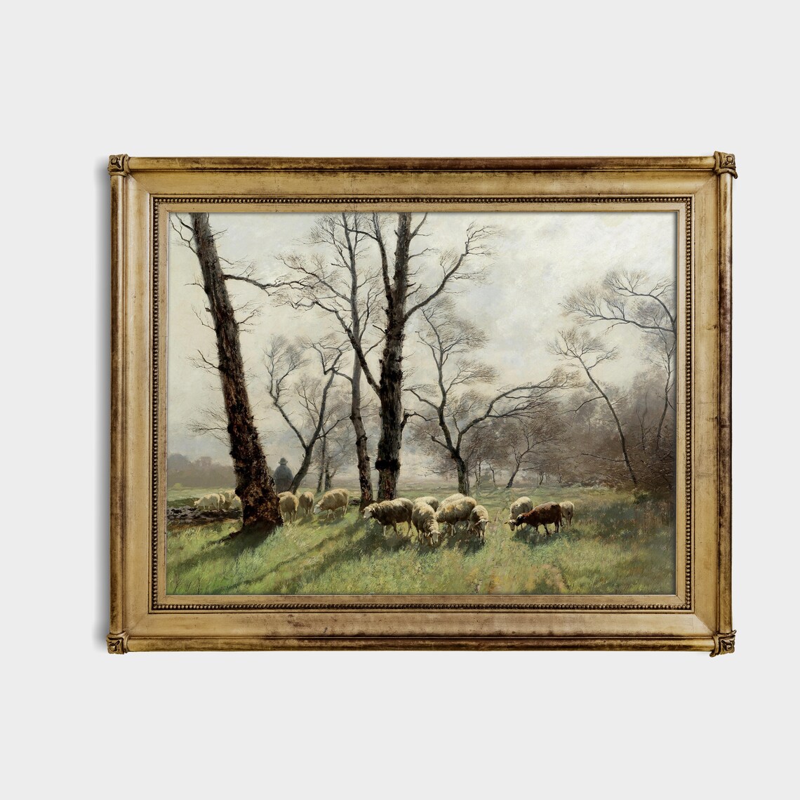 Shepherd with Flock of Sheep in Misty Morning Field Vintage Art Poster - Image 4