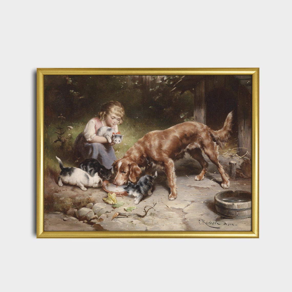 Little Girl with Dog and Kittens Sharing Milk Genre Painting Print - Image 2