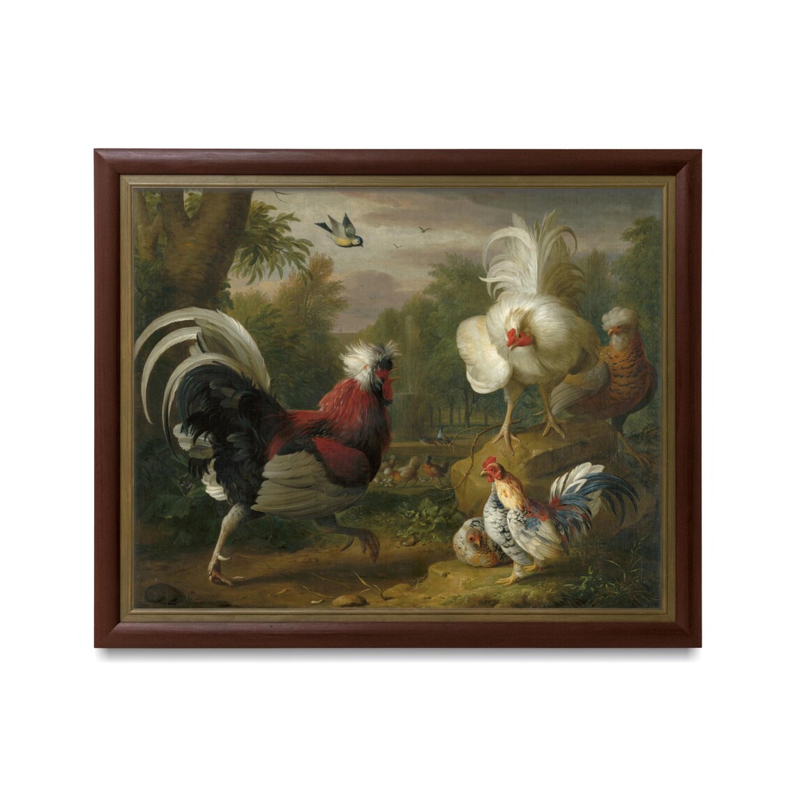 Strutting Roosters and Hens in a Sunlit Farmyard Vintage Poster - Image 3