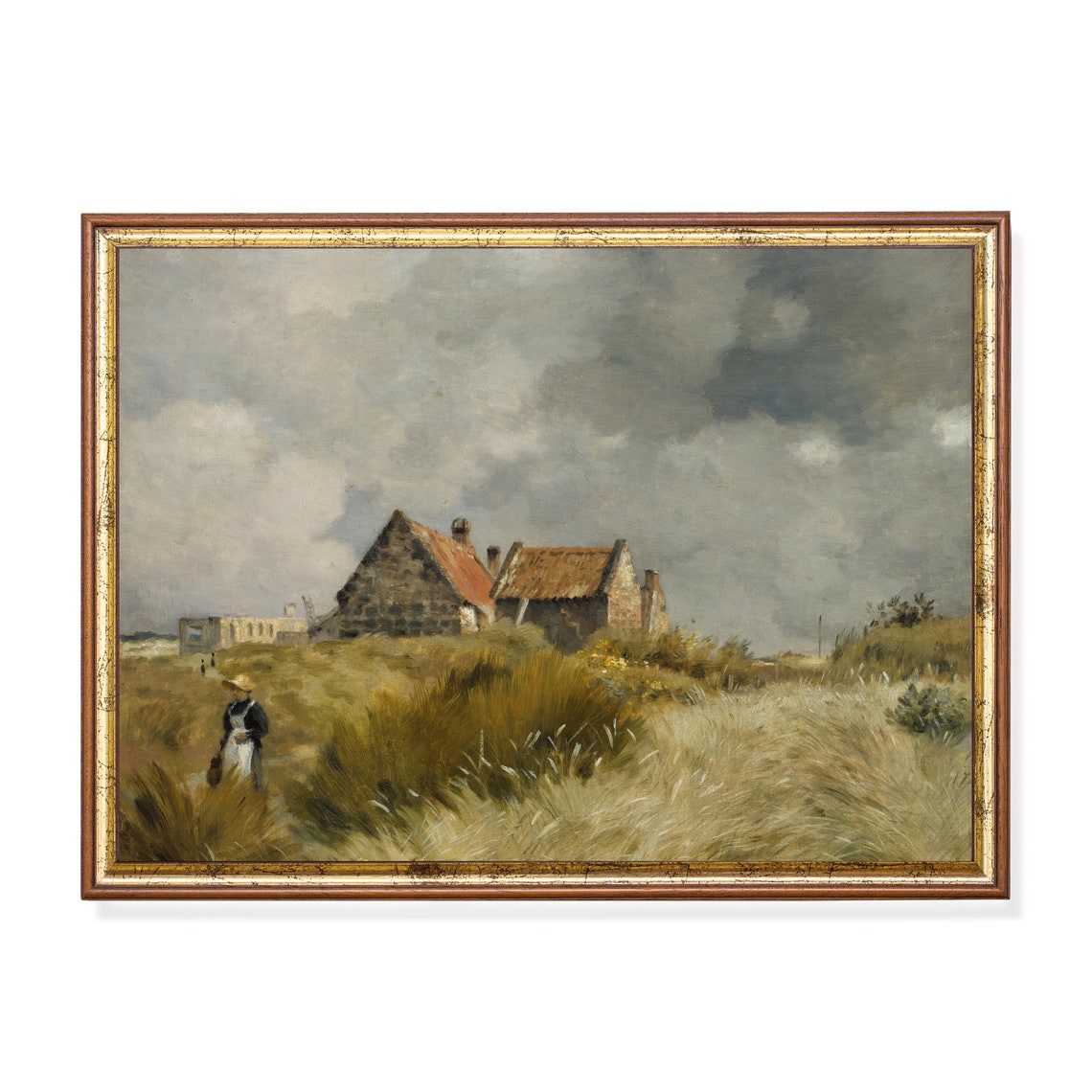 Stone Farmhouse in the Dunes With a Figure Walking Coastal Poster