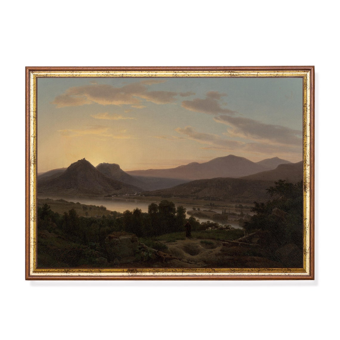 Sunset Over Mountain River Valley With Lone Wanderer Landscape Poster