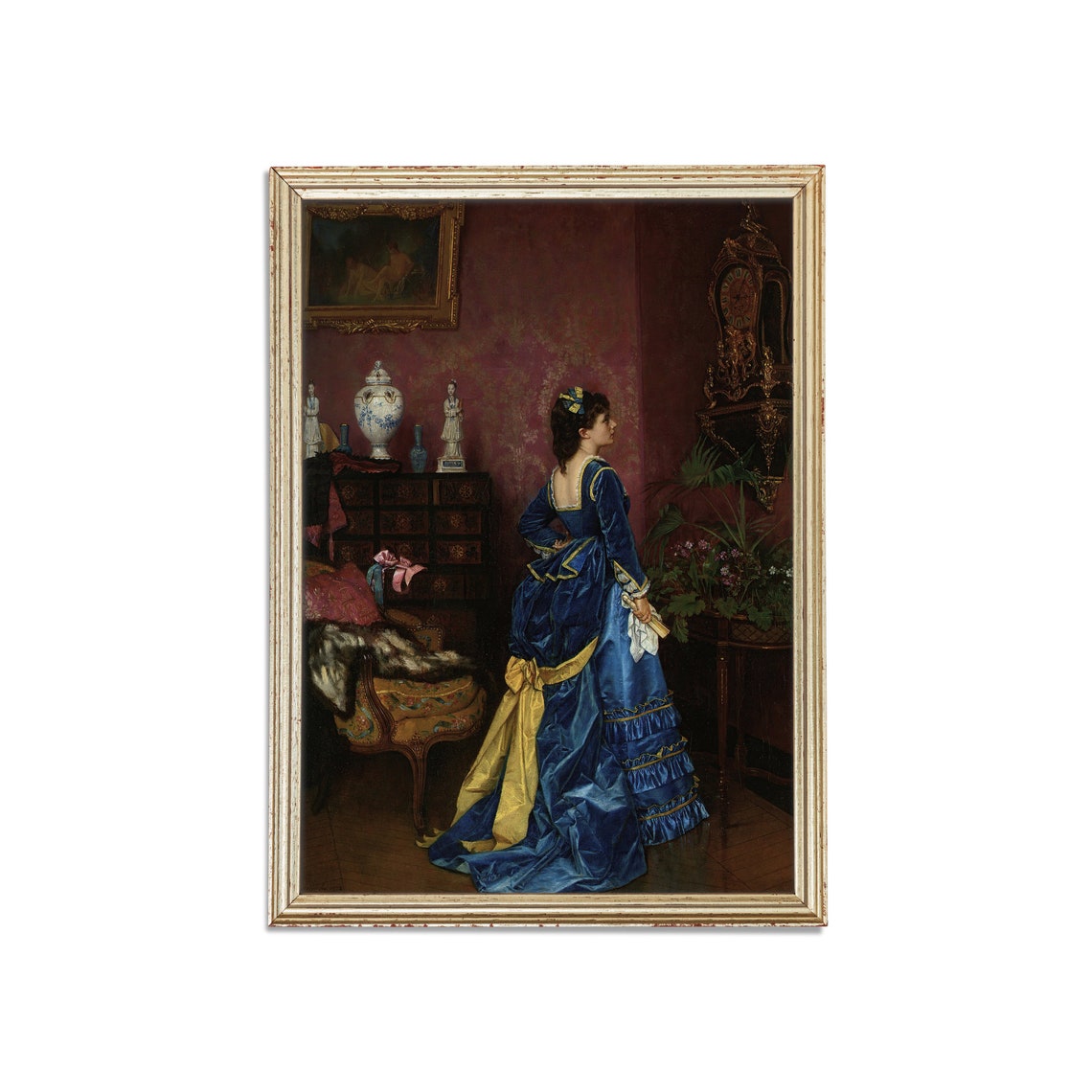 Woman in Blue Satin Gown in a Victorian Parlor Interior Poster - Image 3