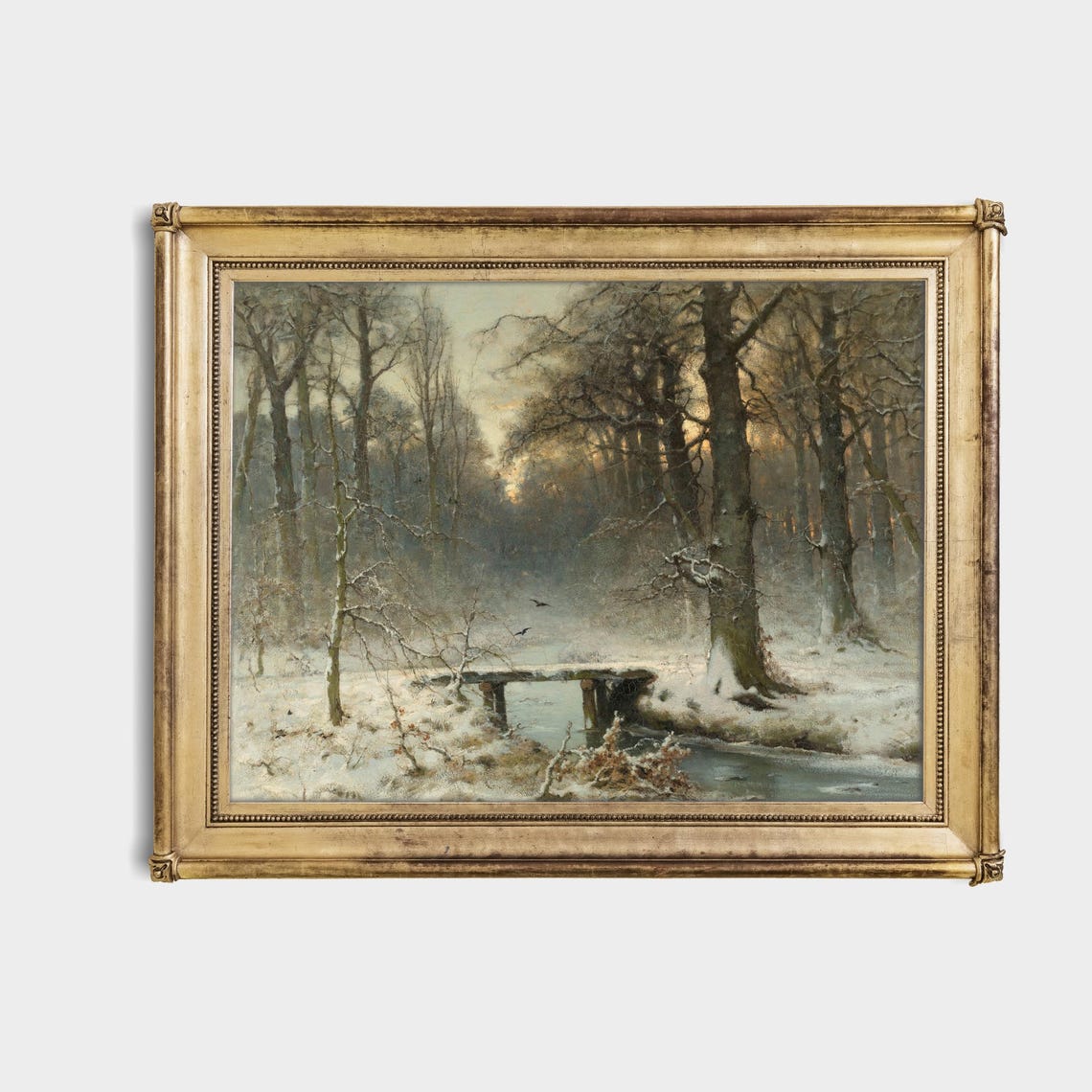 Snowy Forest with a Wooden Bridge Over a Stream Vintage Winter Poster - Image 4