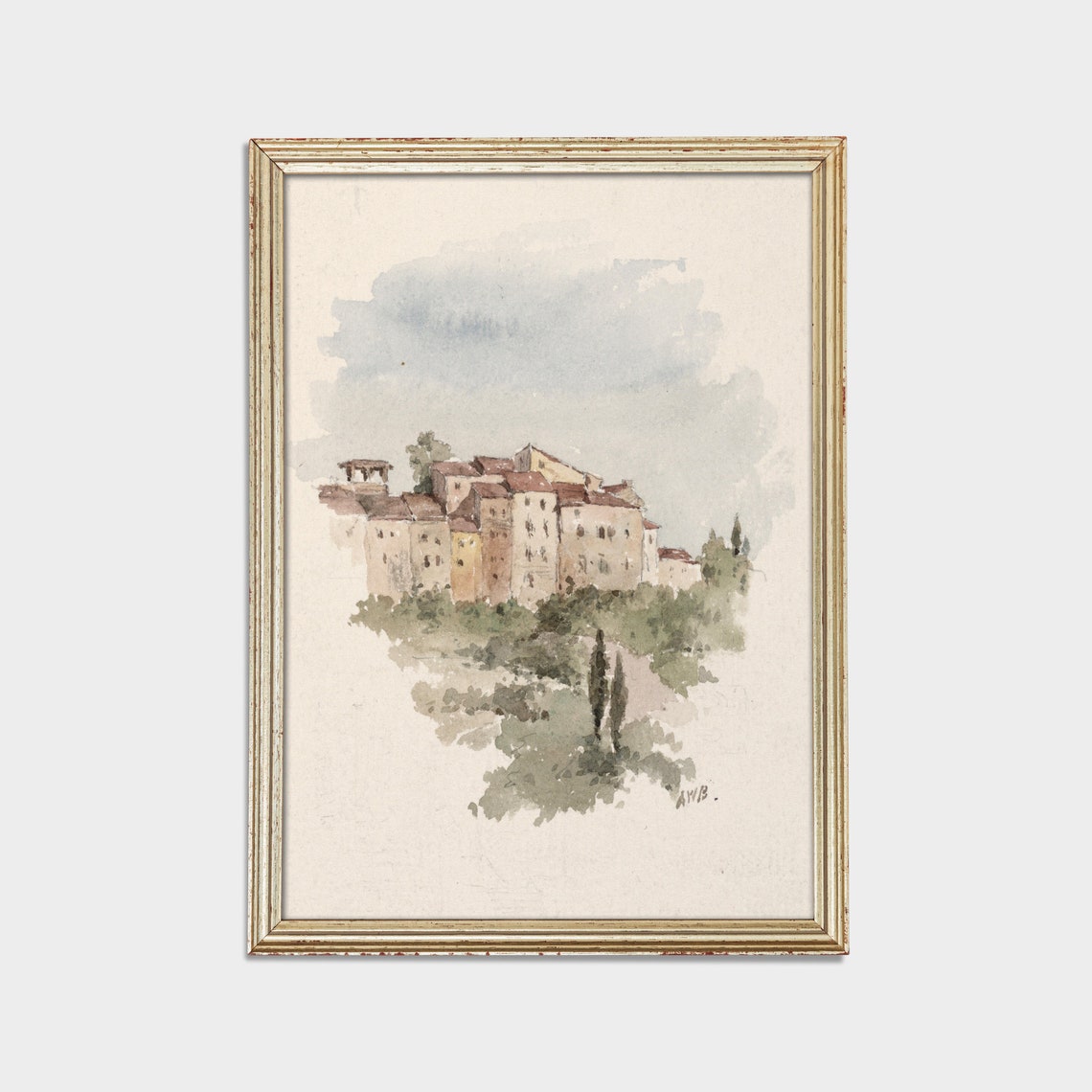 Italian Hilltop Town in Delicate Watercolor Art Painting Poster - Image 2