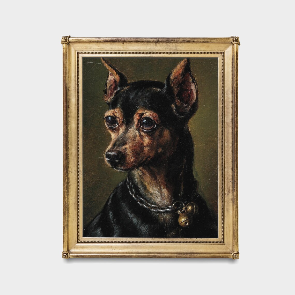 Vintage Small Black Dog Portrait Bell Collar Antique Pet Wall Art - Image 4