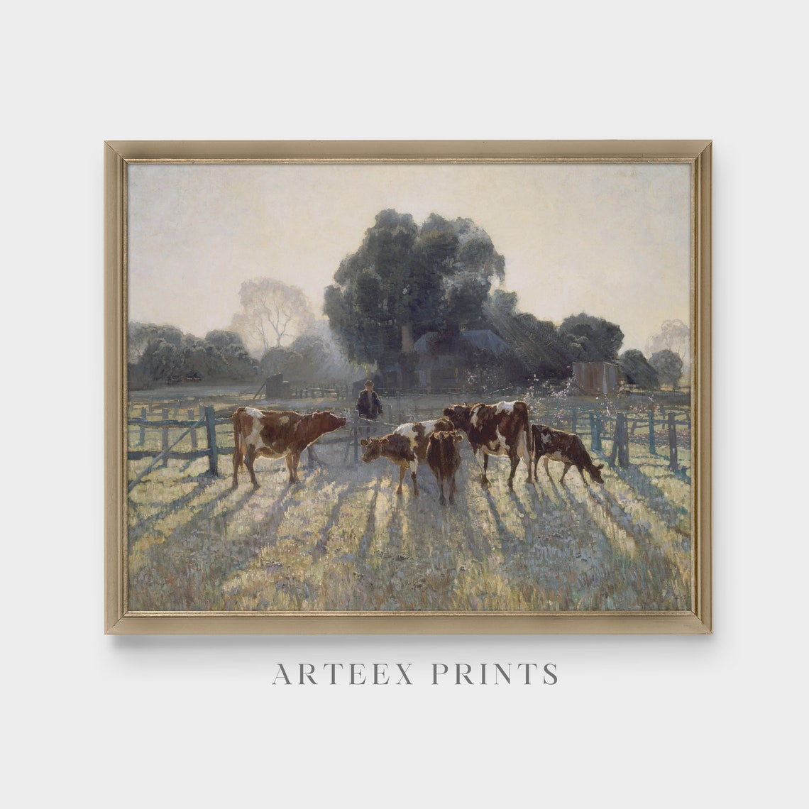 Dairy Cows In Morning Pasture Antique Farm Scene Painting Poster - Image 4