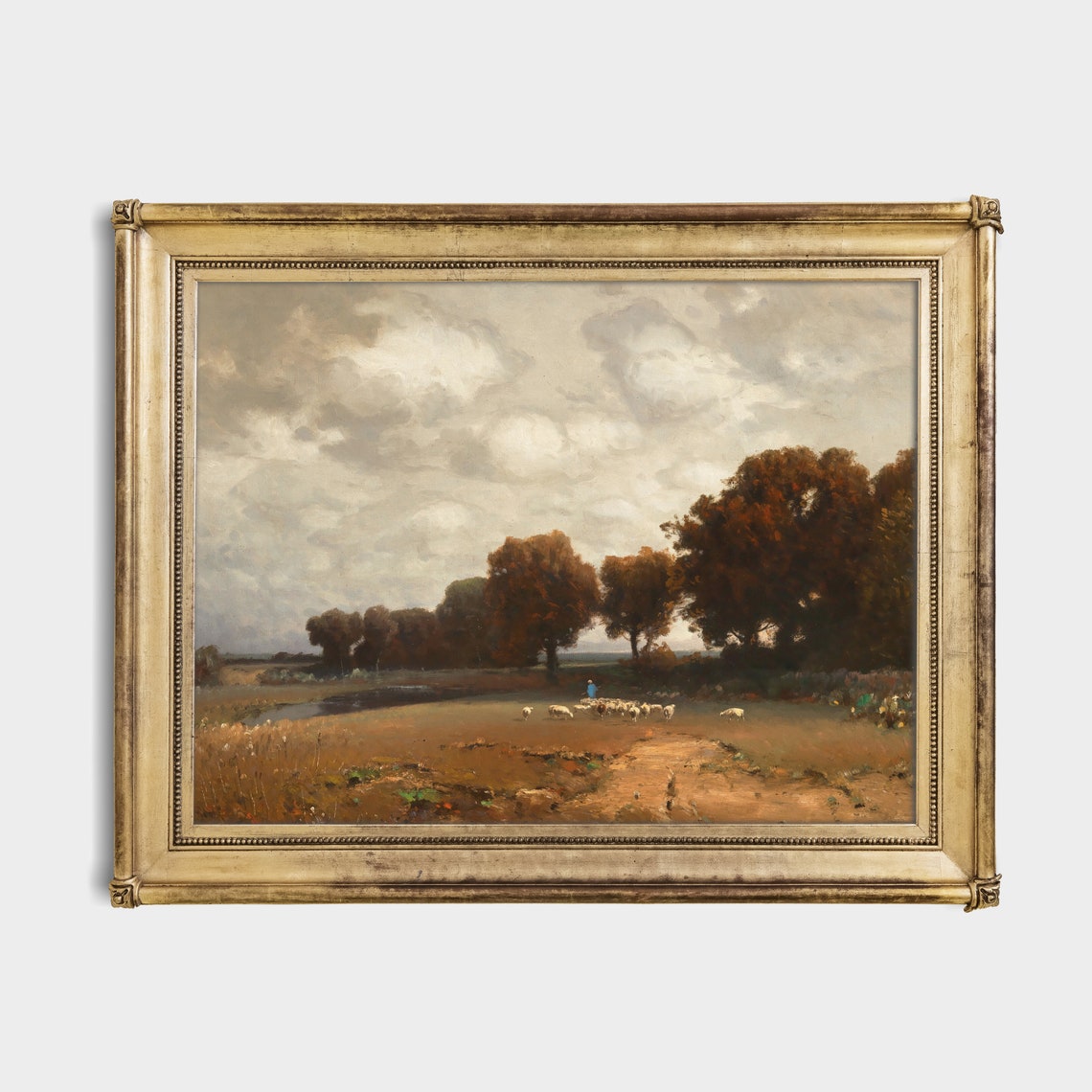 Antique Sheep Flock with Shepherd in a Country Field Vintage Poster - Image 2