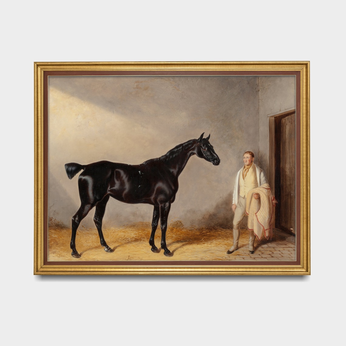 Black Horse in a Stable with Groom Antique Equestrian Poster - Image 3