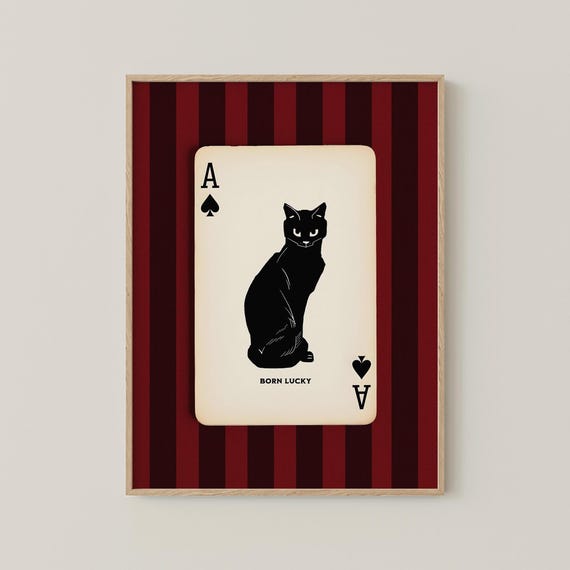 Burgundy Red Dark Romantic Wall Art Lucky Black Cat Halloween Decoration Vintage Ace Of Spades Print Gothic Western Poker Gift For Her