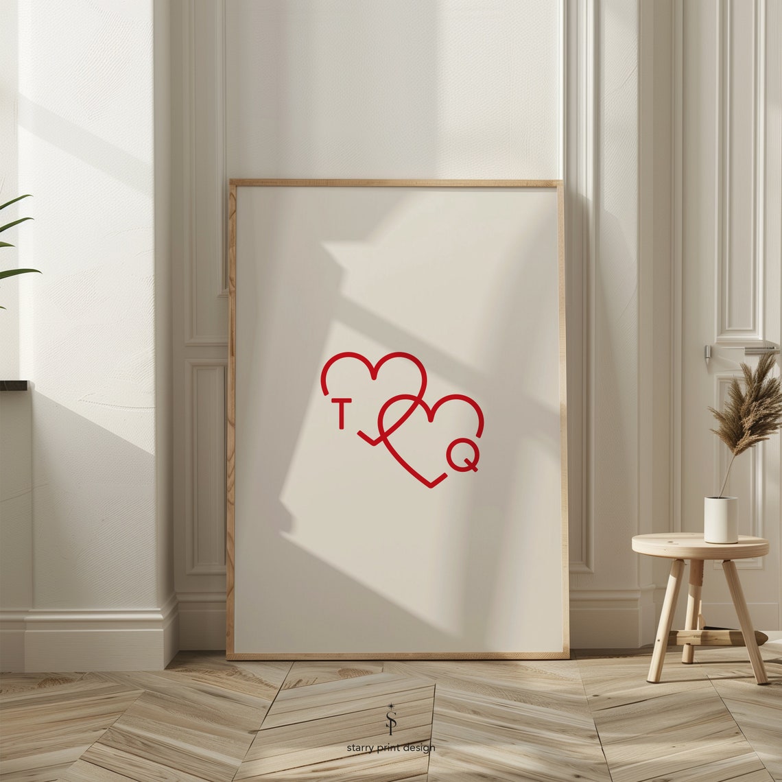 Minimal Red Double Hearts Line Drawing Love Wedding Day Poster