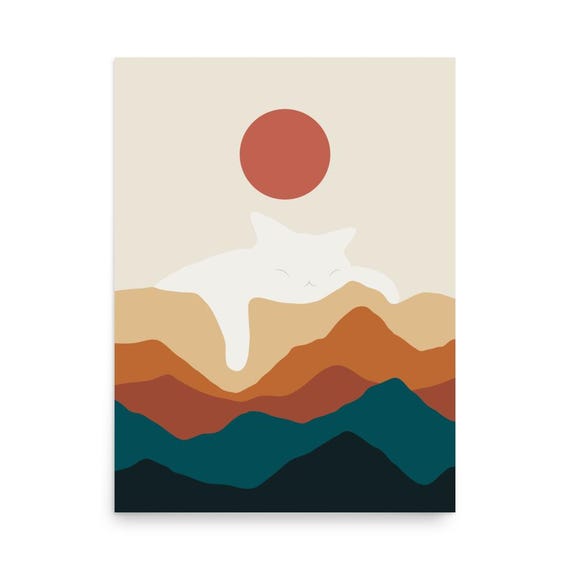Sleeping White Cat On Layered Mountains Minimalist Art Poster