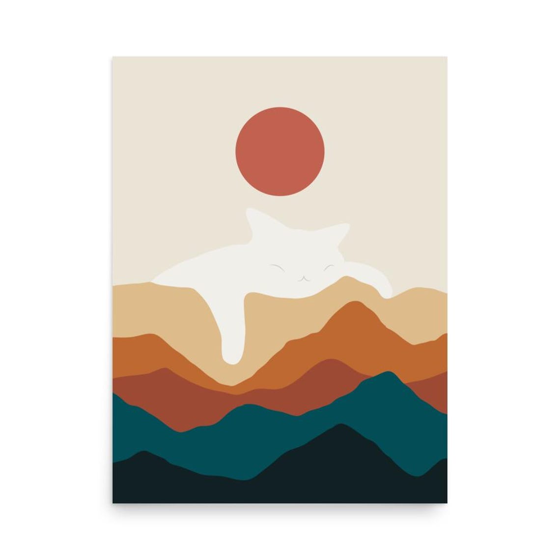 Sleeping White Cat On Layered Mountains Minimalist Art Poster