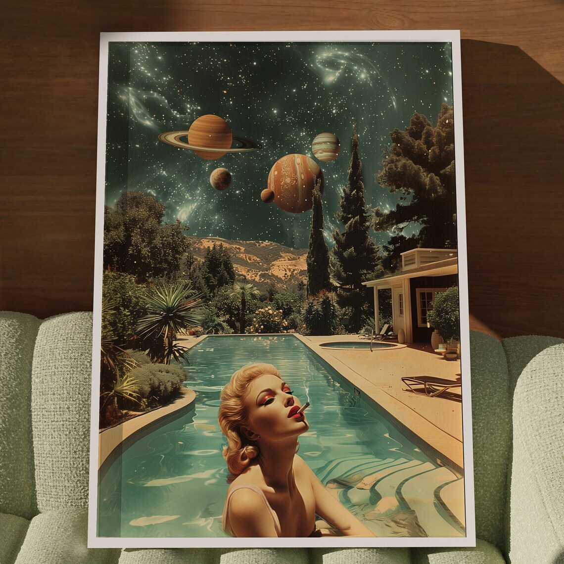 Retro Futurism Poolside Woman Planets Art Print
