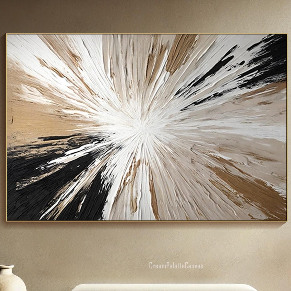 Black White Tan Starburst 3D Textured Abstract Oil Painting Wall Art