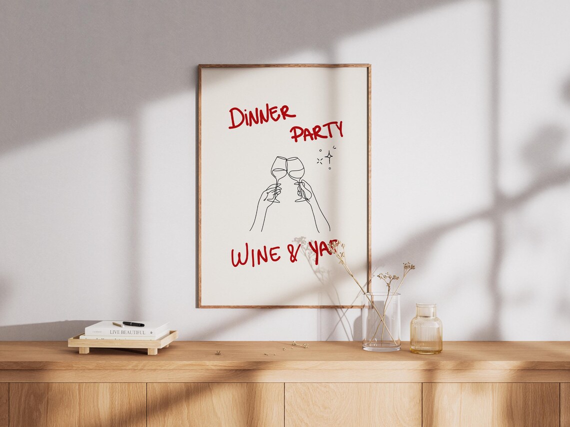 Dinner Party Wine and Yap Cheers Line Art Funny Kitchen Wall Art - Image 2
