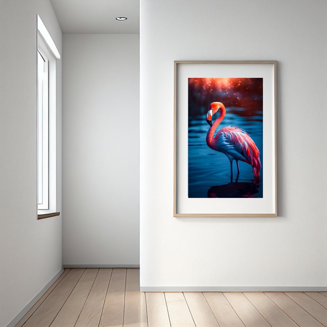 Pink Flamingo Wading Blue Water Sunset Bird Portrait Art Poster - Image 3