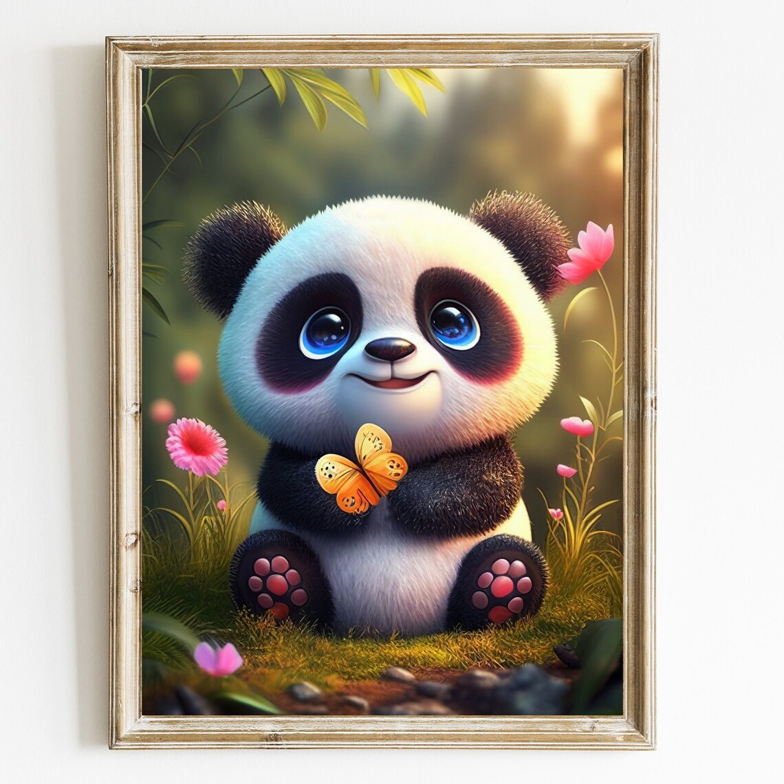 Adorable Cute Baby Panda Holding Butterfly Flower Meadow Poster