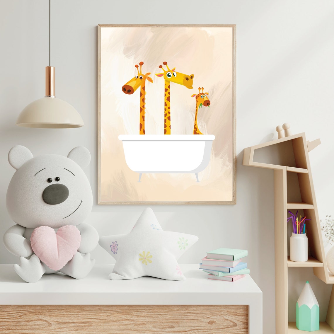 Three Cartoon Giraffes In Bathtub Funny Kids Bathroom Art Poster - Image 2