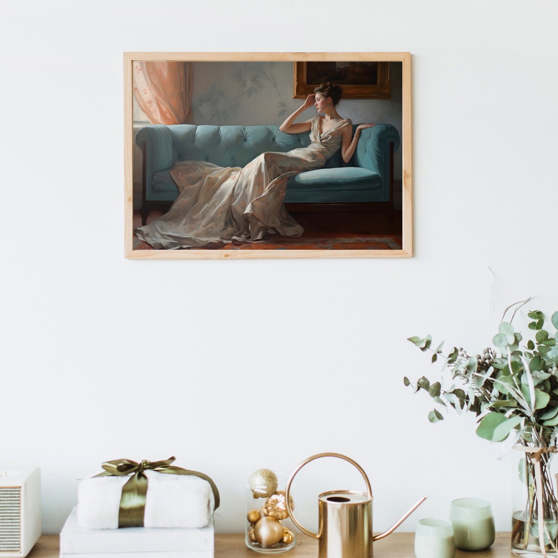 Elegant Woman Reclining on Blue Sofa Classical Oil Painting Poster - Image 2