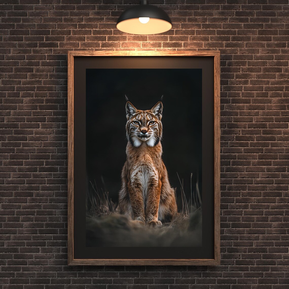 European Lynx Portrait Sitting In Dark Grass Photorealistic Poster - Image 3