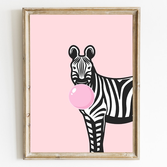 Zebra Blowing Pink Bubble Gum Trendy Nursery Animal Decor Poster