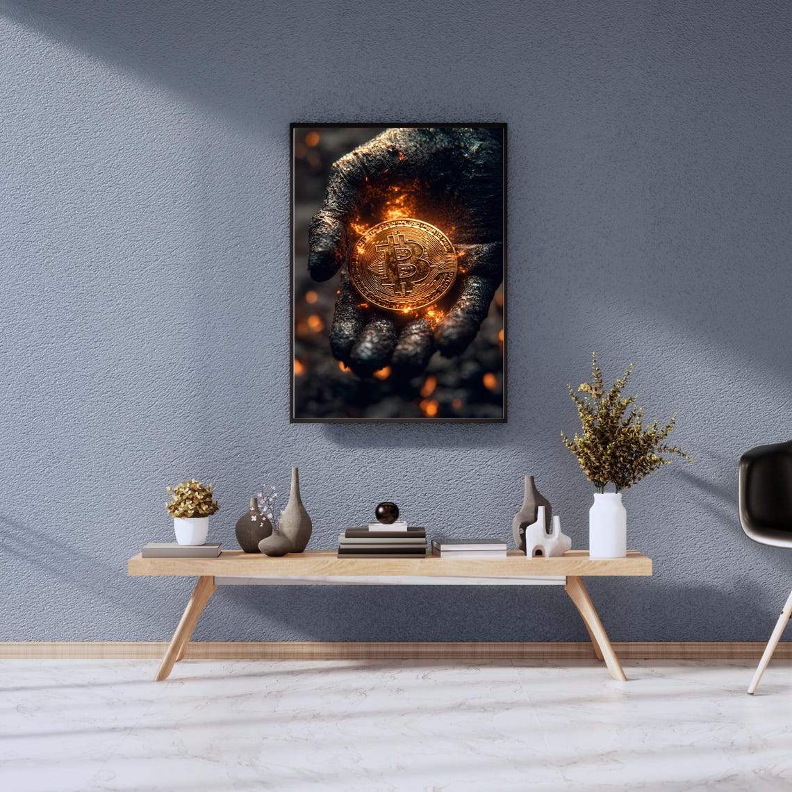 Dark Hand Holding Glowing Bitcoin Coin Dramatic Crypto Art Poster - Image 3