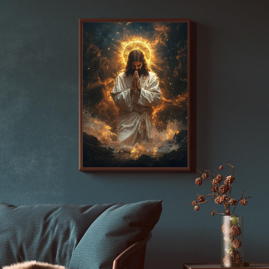 Jesus Christ Praying with Golden Halo Cosmic Religious Poster - Image 3