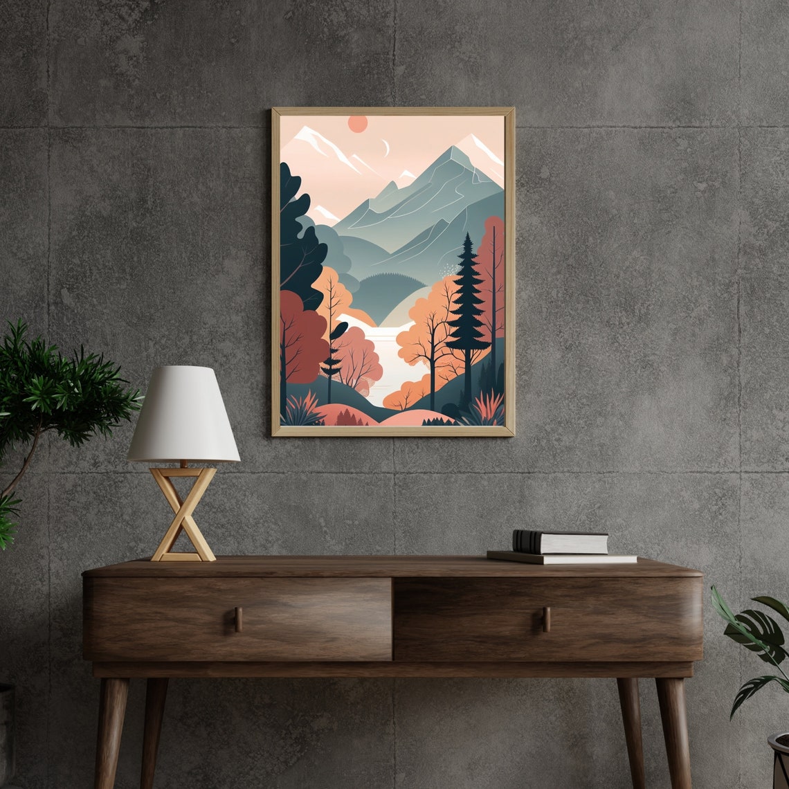 Autumn Mountain Valley Sun And Moon Flat Landscape Nature Poster - Image 2