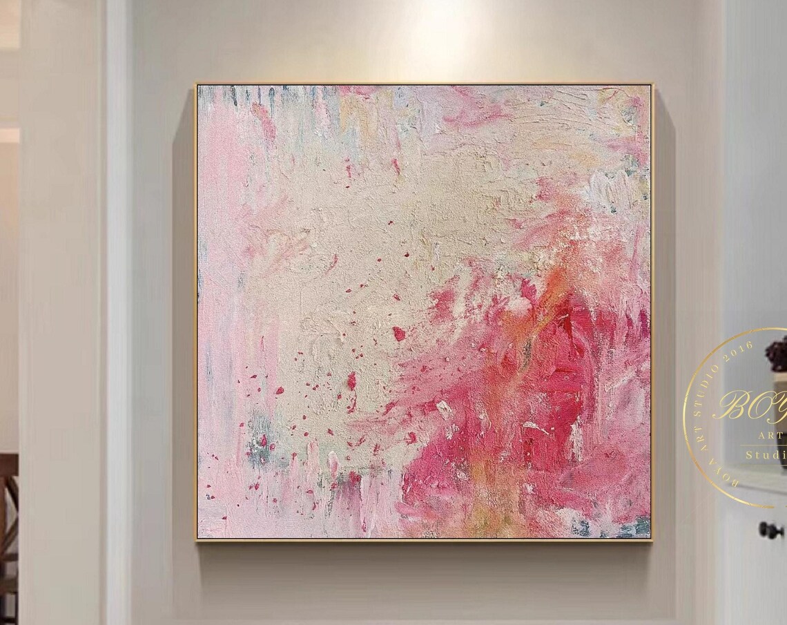 Pink Abstract Texture Painting, Modern Beige Art Print - Image 4