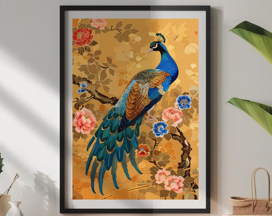 Japanese Peacock Peonies Golden Woodblock Style Bird Art Poster