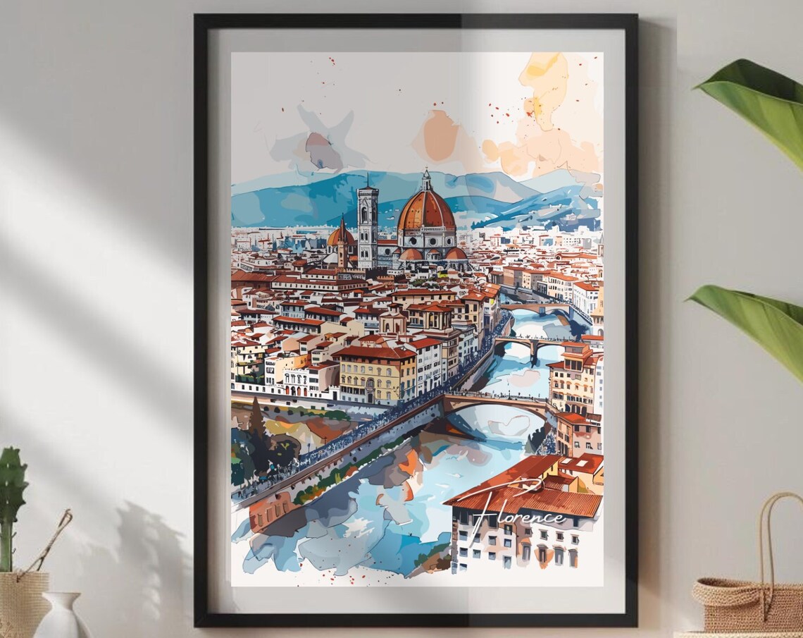 Florence Italy Duomo Arno River Bridges Watercolor City Poster